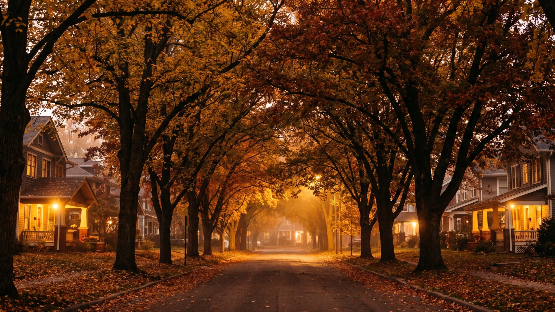 A tree lined residential street at autumn dusk